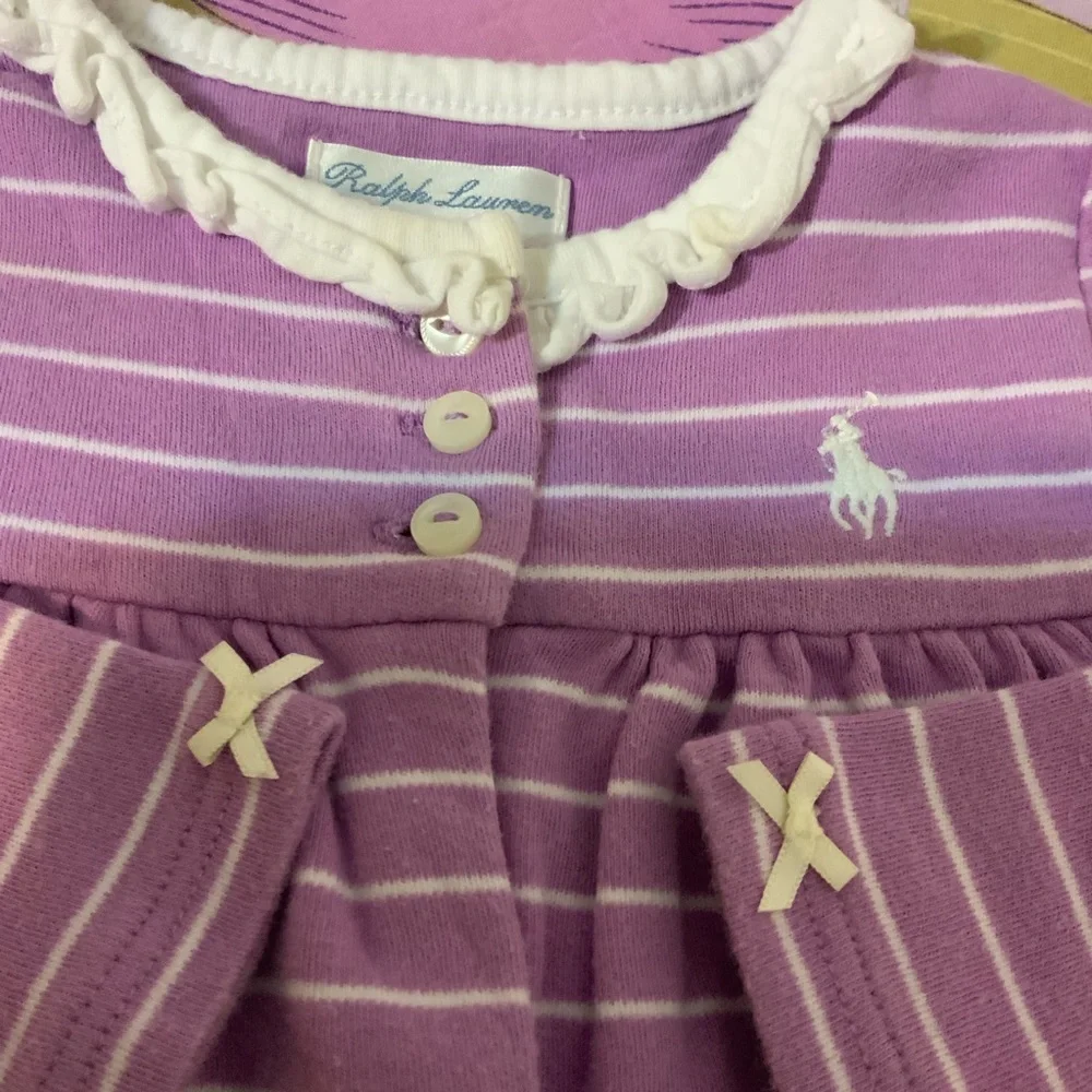 EUC RALPH LAUREN  Purple/White Stripe  Coverall Jumpsuit Baby Girl